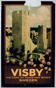 Cartel que anuncia la ciudad de Visby, Suecia